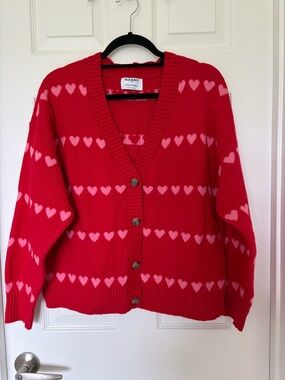 Old Navy Red Cardigan with Pink Heart Pattern